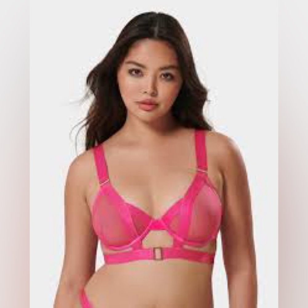 Trinity Sheer Strappy Bra & Thong Set by Bluebella in Fuchsia Pink Size 34B/Med